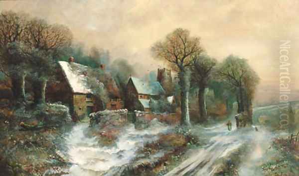 Figures in a winter village landscape Oil Painting by Harry Foster Newey