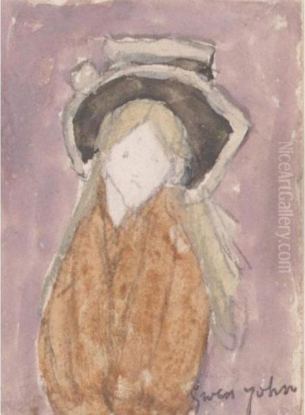 Little Girl With A Large Hat And Straw Coloured Hair Oil Painting by Gwendolen John