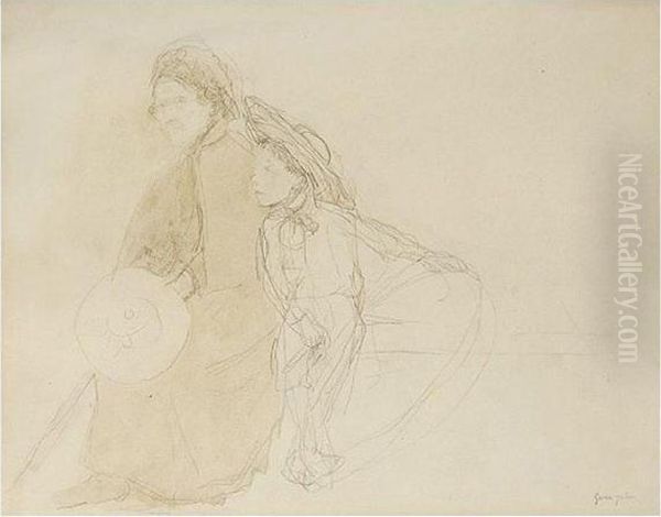 Study Of An Old Woman And A Little Boy Holding A Hoop Oil Painting by Gwendolen John