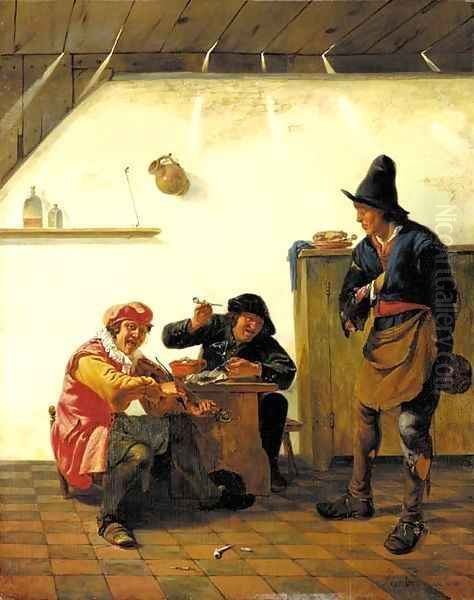 Peasants smoking and making music in an inn Oil Painting by Johannes Natus