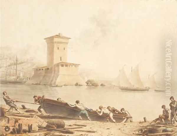 Sailors hauling a boat up a beach, a tower seen across a bay beyond Oil Painting by Victor Jean Nicolle