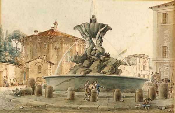 The Fountain of the Piazza Santa Maria in Cosmedin with the Temple of Cybele, Saint Peter in the background, Rome Oil Painting by Victor Jean Nicolle