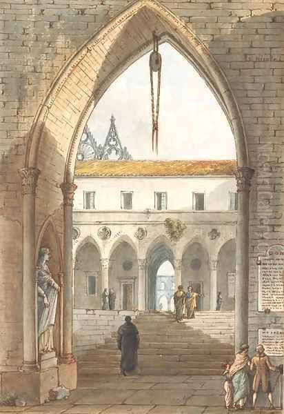 The interior of a gothic monastery seen through an arch Oil Painting by Victor Jean Nicolle