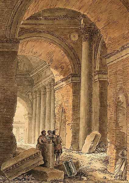 Three Soldiers in a ruined Gallery Oil Painting by Victor Jean Nicolle