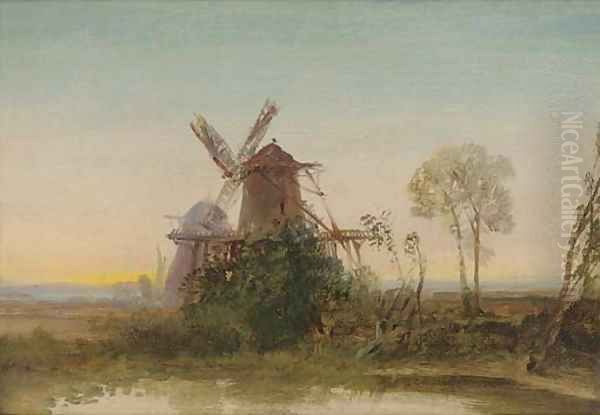 Windmills at sunset Oil Painting by Edward H. Niemann