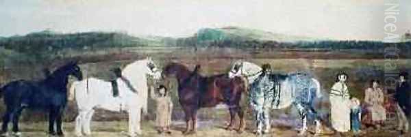 A Farmer with his family farm workers and four shire horses Oil Painting by William Nedham