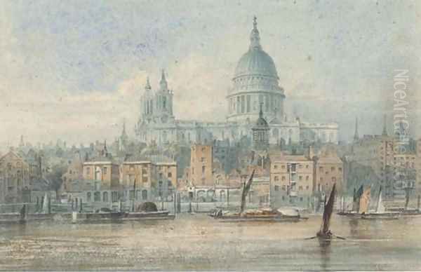 Barges on the Thames before St. Paul's Cathedral Oil Painting by J. P. Neale