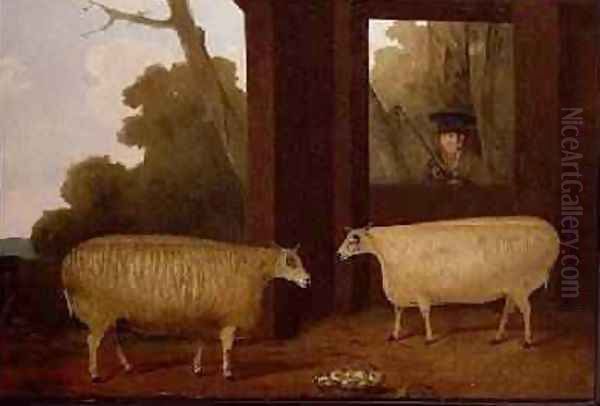 A Pair of Prize Rams with a Farmer Beside a Pen 1832 Oil Painting by G.B. Newmarch