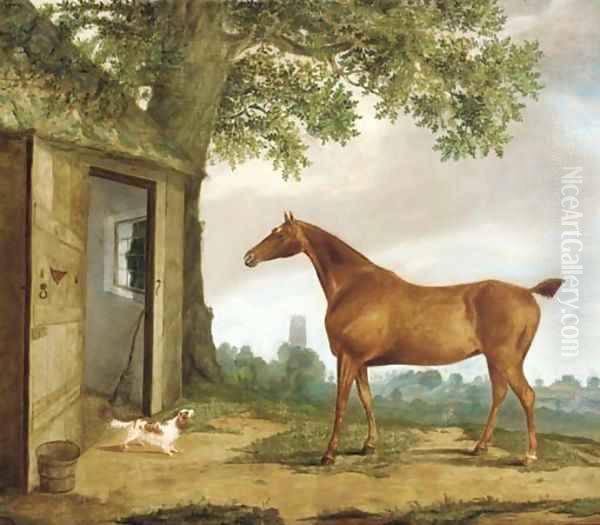 A chestnut hunter and spaniel before a stable, a church beyond by G.B. Newmarch