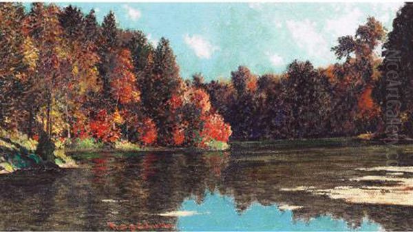 October Lagoon, A Favourite Fishing Spot On The Penetang Peninsula Oil Painting by Franz Hans Johnston