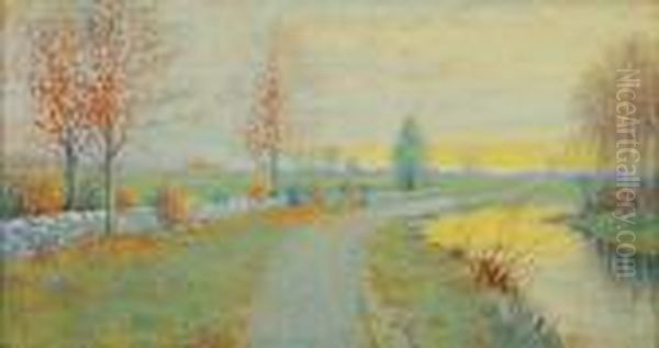 Spring Landscape With Path Along The River/possibly A Canadian View Oil Painting by Franz Hans Johnston