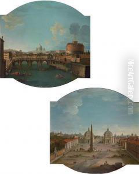 View Of Piazza Del Popolo, Rome;
 And View Of The Ponte Sant'angeloand Castel Sant'angelo, With Saint 
Peter's Basilica Beyond,rome Oil Painting by Antonio Joli