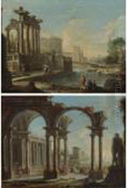 Architectural Capriccio With Figures Among Classical Ruins By Aninlet Oil Painting by Antonio Joli