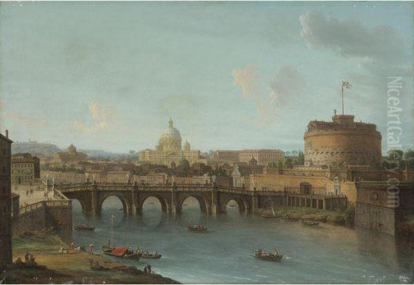 Rome, A View Of The Tiber With The Ponte And Castel Sant'angelo Oil Painting by Antonio Joli