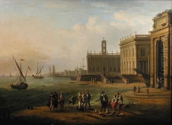 A Capriccio Landscape With 
Market Folk By The Palazzo De' Senatore And Palazzo De' Conservatori On 
The Capitoline Hill Oil Painting by Antonio Joli