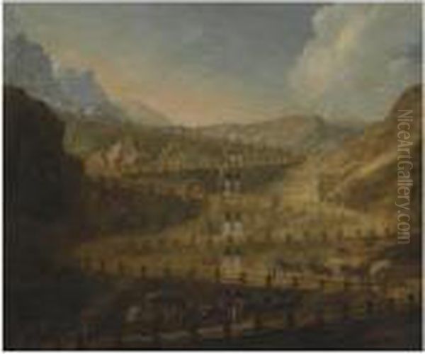 A Capriccio Mountain Landscape With Horses And Carts Ascending The Path Oil Painting by Antonio Joli