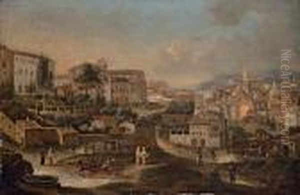 A View Of Rome From The Monti, 
Looking West, With San Francesco Di Paula And The Torre Margani On The 
Left, The Madonna Dei Monti On The Right And The Campidoglio, The Church
 Tower Of Santa Maria In Aracoeli And The Dome Of Santi Luca E Martina 
Be Oil Painting by Antonio Joli