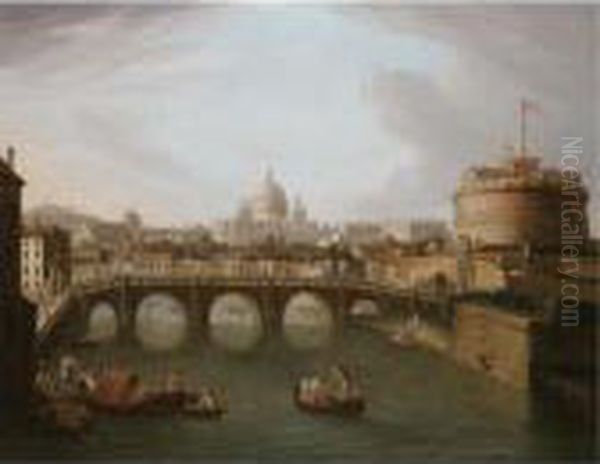 Rome, A View Of Saint Peter's And The Castel Sant'angelo From The Tiber Oil Painting by Antonio Joli