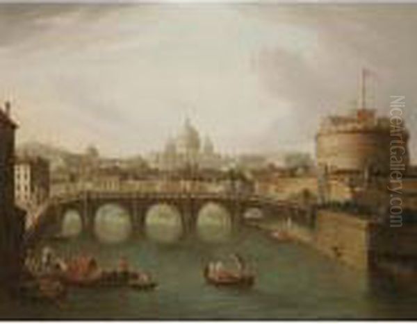 Rome, A View Of St. Peter's And The Castel Sant'angelo From The Tiber Oil Painting by Antonio Joli