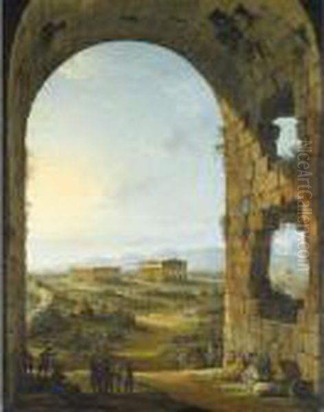 Paestum In Evening Light With 
Merry Travellers And An Artist Sketching Below A
 Stone Arch Oil Painting by Antonio Joli