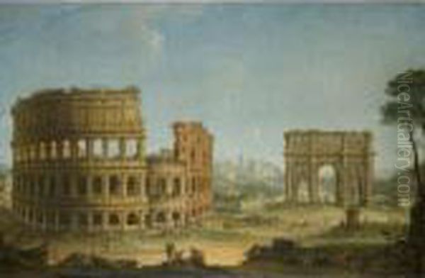 Rome A View Of The Colosseum And
 The Arch Of Constantine With An Artist 
Sketching In The Right Foreground Oil Painting by Antonio Joli