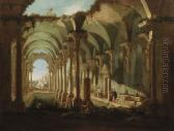 Interno Di Edificio Termale Con Colonne Ioniche In Rovina Oil Painting by Antonio Joli