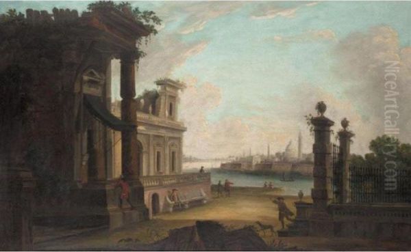 Venetian Architectural Capriccio With Figures Oil Painting by Antonio Joli