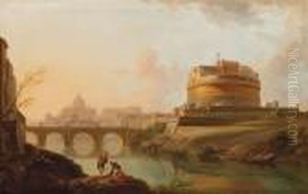 Roma: Il Tevere Con Castel Sant'angelo E San Pietro Sullo Sfondo Oil Painting by Antonio Joli