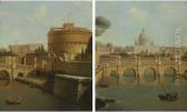 'view Of St. Peter' And 'view Of Castel Sant' Angelo': A Pair Oil Painting by Antonio Joli