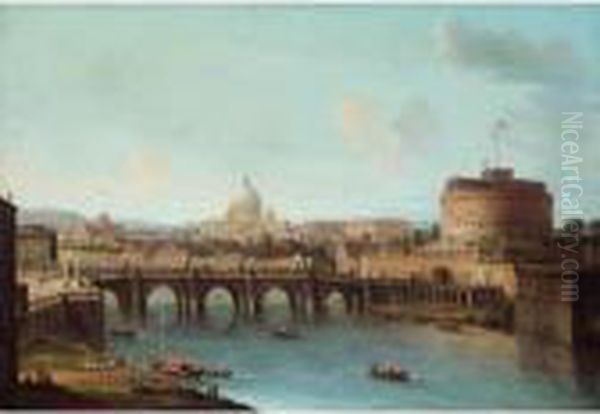 Rome, A View Of The Tiber With 
The Ponte And Castel Sant'angelo, St. Peter's Basilica And The Vatican 
Beyond Oil Painting by Antonio Joli