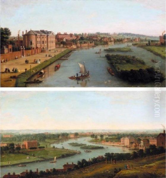 A View Of The Thames At Richmond
 And Cholmondeley House, With Elegant Figures On Cholmondeley House Walk
 And A Distant View Of Richmond Hill; And A View Of The Thames From 
Richmond Hill Oil Painting by Antonio Joli