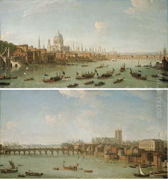 View Of The City Of London From 
The Thames With St. Pauls Cathedral And Old London Bridge Oil Painting by Antonio Joli