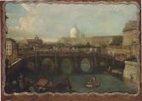 The Tiber, Rome, Looking Downstream With The Castel And Pontesant'angelo Oil Painting by Antonio Joli