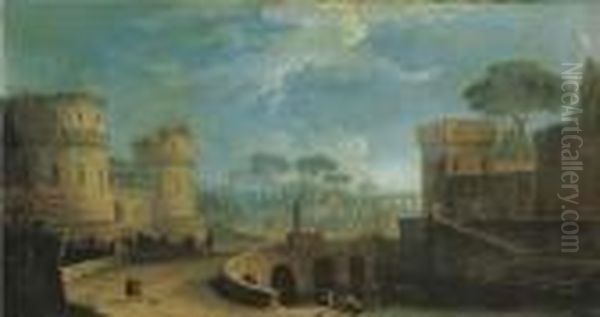 Veduta Fantastica Con Castelli E Tempietto Circolare Inlontananza Oil Painting by Antonio Joli