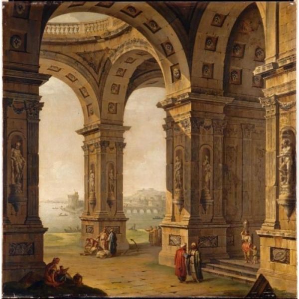 Architectural Capriccio With Figures In Oriental Dress Amongst Ruins Oil Painting by Antonio Joli