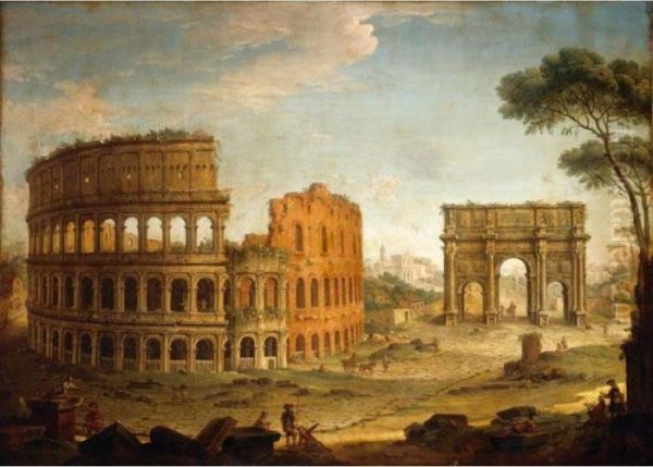 Rome, A View Of The Colosseum 
And The Arch Of Constantine With An Artist Sketching In The Foreground Oil Painting by Antonio Joli