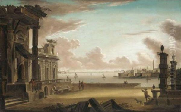 Venetian Capriccio Scene With Figures Beside A Ruined Classical Palace Oil Painting by Antonio Joli