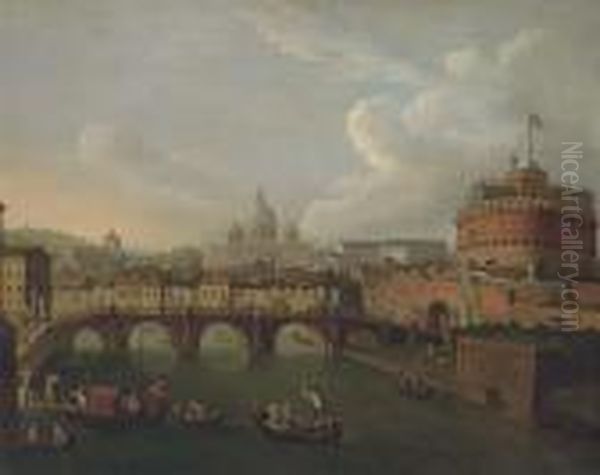 The Tiber, Rome, Looking Towards
 The Ponte Sant'angelo And Thecastel Sant'angelo, Saint Peter's Beyond Oil Painting by Antonio Joli