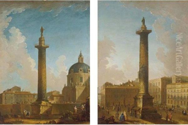 Trajan's Column, Rome; The Column Of Marcus Aurelius, Rome Oil Painting by Antonio Joli