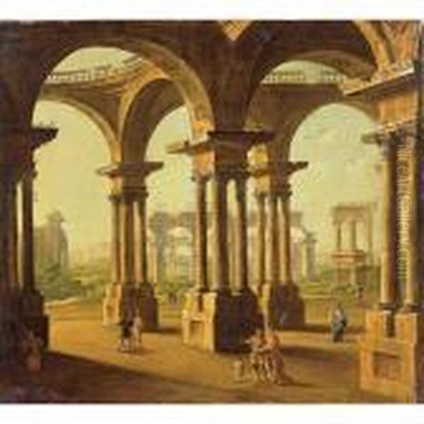 Cappriccio Of Roman Ruins With Classical Figures Oil Painting by Antonio Joli