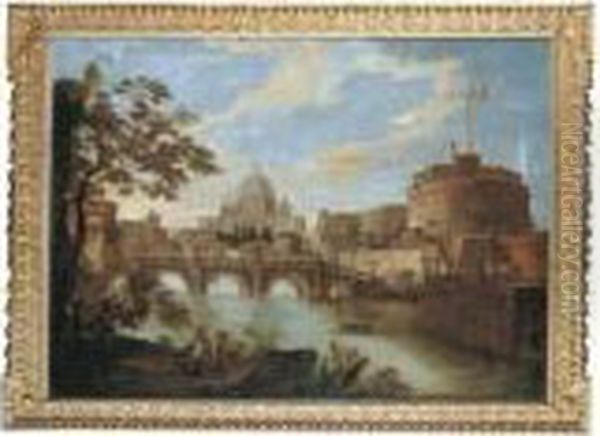 The Tiber, Rome, Looking 
Downstream With The Castel And Ponte Sant'angelo, Saint Peter's And The 
Vatican, Santo Spirito In Sassia And The Janiculum Beyond, A Group Of 
Four Soldiers In The Foreground Oil Painting by Antonio Joli