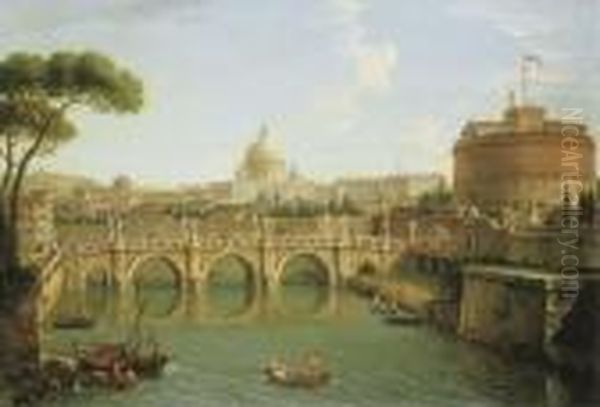 Rome, A View Of The Tiber 
Looking Downstream With The Castel And Ponte Sant' Angelo, Saint Peter's
 Basilica And The Vatican, Santo Spirito In Sassia And The Janiculum 
Beyond Oil Painting by Antonio Joli