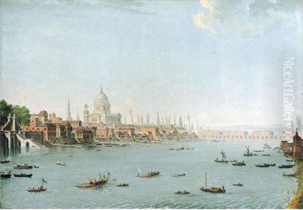 The Thames Looking Towards The City; And The Thames Looking Towards Westminster Oil Painting by Antonio Joli