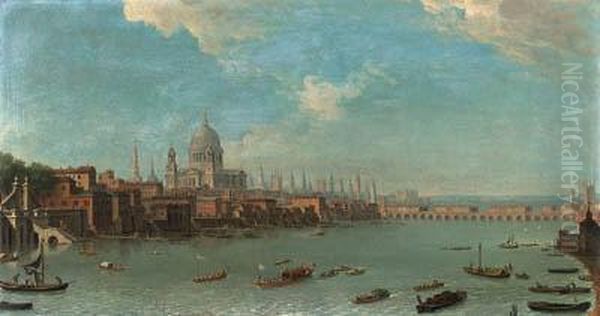 A Panoramic View Of The City Of 
London From The Thames Near Thewater Gate Of Somerset House Oil Painting by Antonio Joli