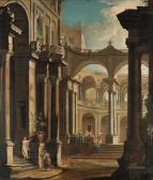 A Capriccio Of The Courtyard Of A Baroque Palace With Musicians Andother Figures Oil Painting by Antonio Joli