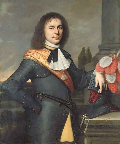 Portrait of a gentleman, three-quarter-length, in armour with an orange silk sash, resting his hand on his helmet, a landscape beyond Oil Painting by Pieter Nason