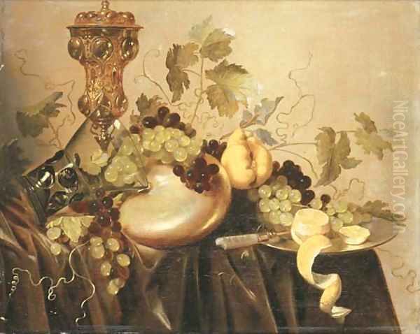 A silver-gilt cup and cover, an upturned roemer resting on a nautilus shell, grapes on the vine and a partly-peeled lemon with a knife Oil Painting by Pieter Nason