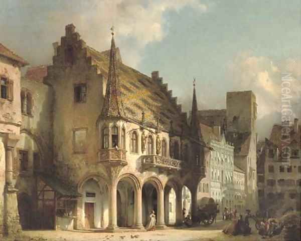 Townsfolk on the Mutnsterplatz, Freiburg Oil Painting by Michael Neher