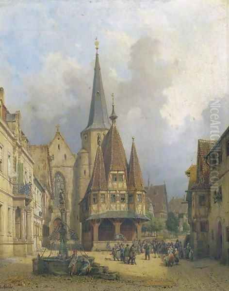 Rathaus in Michelstadt a dancing bear on the townsquare Oil Painting by Michael Neher