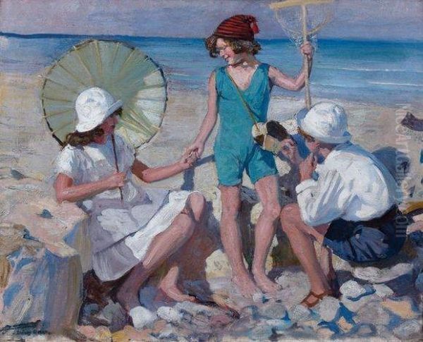 Le Bain De Soleil A Isigny Sur Mer Oil Painting by Lucien Hector Jonas